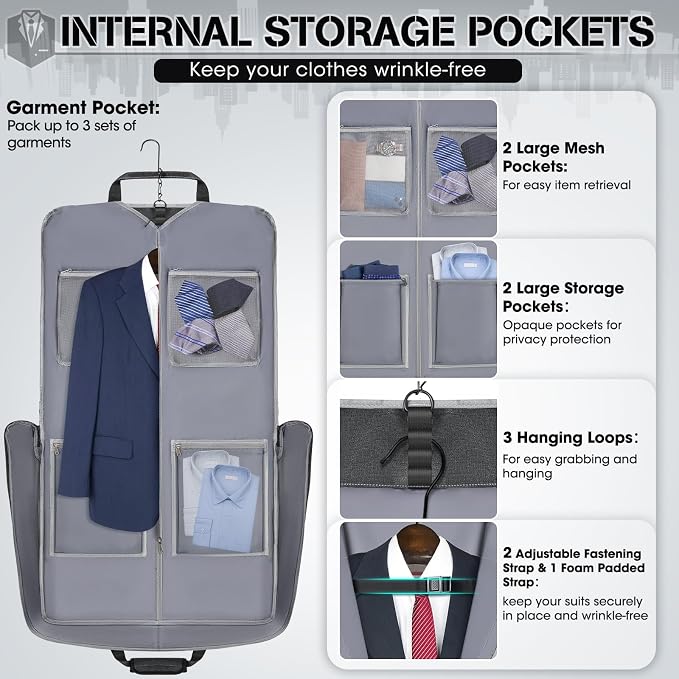 RAINSMORE Garment Bags for Travel Carry On Garment Bag for Hanging Clothes, Suit Bag for Business Trips with Shoes bag & Shoulder Strap, Waterproof Foldable Suit Luggage Bag for Men Women, Gray - Image 2