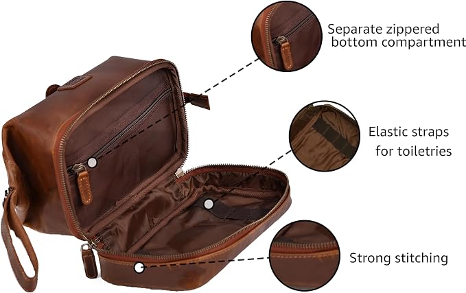 LEATHER VILLAGE Genuine Leather Dopp Kit – Large Travel Toiletry Bag with Waterproof Lining, Dual-Zip Design for Men & Women, Organizer for Shaving, Makeup & Essentials - Tan - Image 4