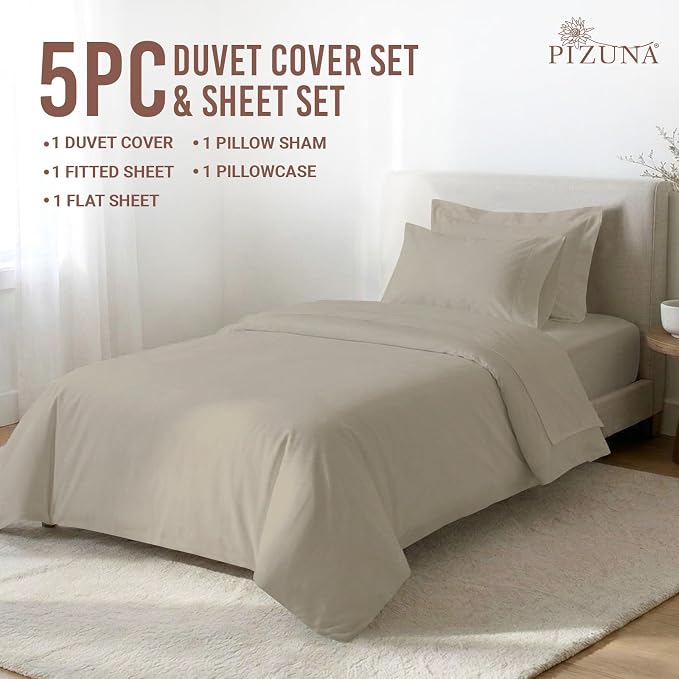 Pizuna Pure 100% Long-Staple Cotton Duvet Cover + Sheet Set Twin, Luxurious 400 Thread Count Long Staple Cotton, Soft Sateen Weave Bedding Set (Simply Taupe) - Image 3