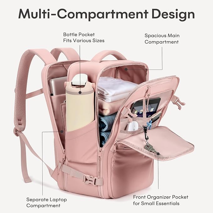 mibasies 40L Travel Backpack for Women & Men: Carry On Luggage Flight Approved, TSA Laptop Backpack with Water Bottle Pocket, Personal Item Bag Fits 17" Laptop for Weekender Business - Pink - Image 4