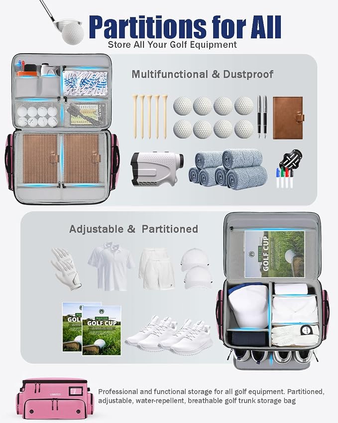 LOINTET Golf Trunk Organizer, Waterproof Car Golf Locker with Separate Ventilated Compartment for 2 Pair Shoes, Golf Storage for Balls, Tees, Cap, Clothes, Gloves, Accessories, Gifts for Men, Women - Image 2
