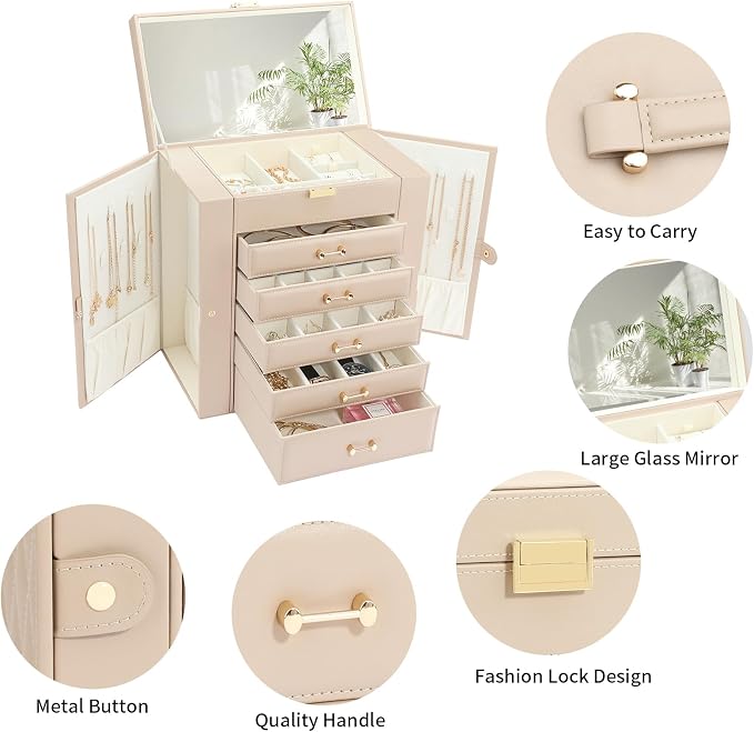 Large Jewelry Holder Organizer, 6 Layer Jewelry Box for Women Jewelry Storage Case With Handle, Gift for Christmas New Year, Apricot - Image 2