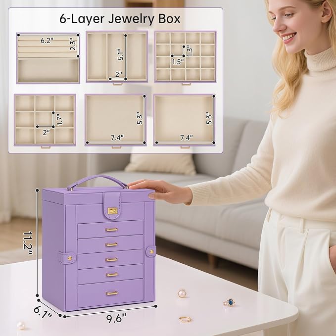 AKOZLIN 6-Tier Jewelry Box Organizer Functional 5 Drawers Leather Jewelry Storage Case for Women Girls Ring Necklace Earring Bracelet Holder Organizer with Mirror Medium Violet - Image 5