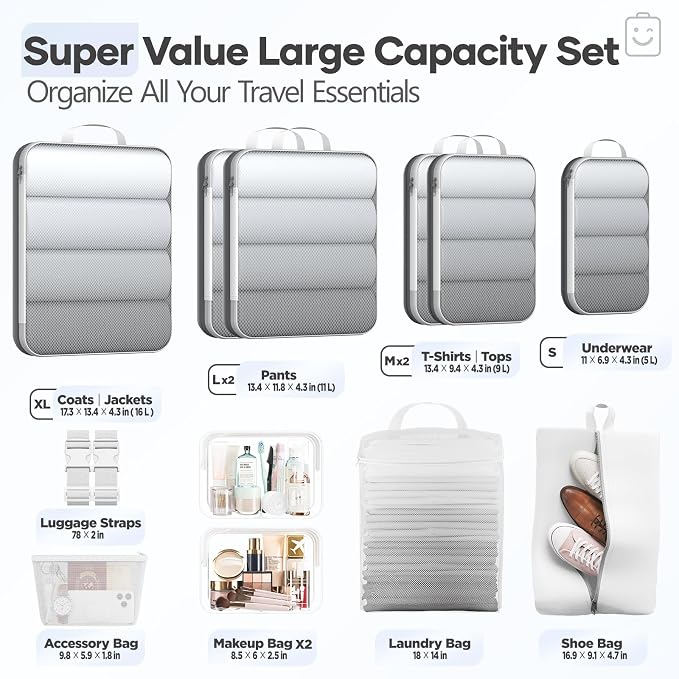 Veken 11 Set Compression Packing Cubes for Travel Essentials,Compressible Expandable Luggage Suitcase Organizer Bags with Garment Bag,Space Saver Bags with Over 1000 pcs of Mesh Holes(White) - Image 2