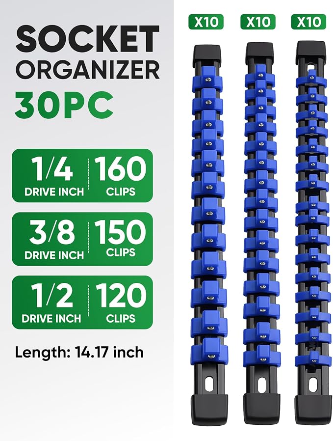 ALOANES 30PC Socket Organizer, Socket Rails Fit 1/2", 1/4" and 3/8" Drive | Heavy Duty ABS Socket Holders Hold 430 Sockets for Mechanics Toolbox Drawer Bags(Blue) - Image 2