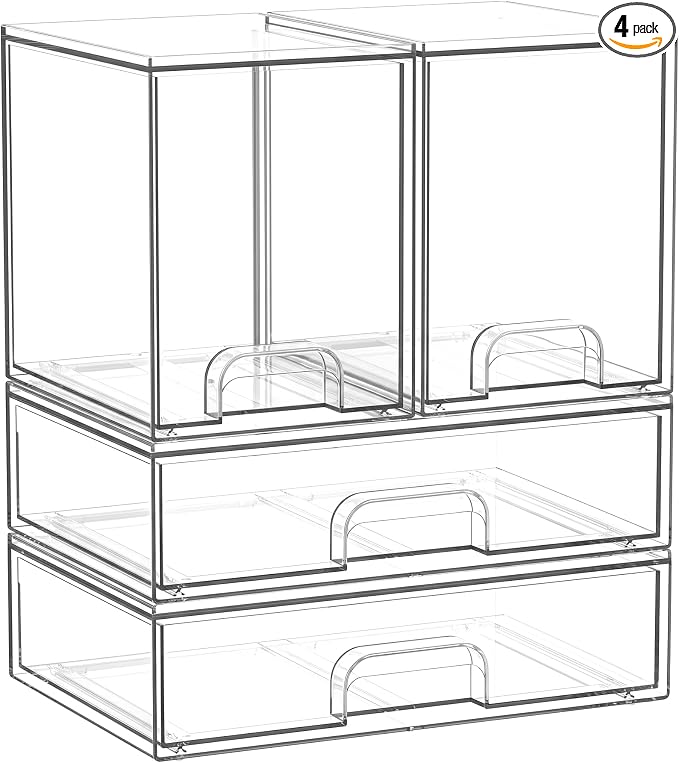 Clear Stackable Storage Drawers: Baby Bottle Storage Organizer, Acrylic Bottles Station Organizer Container for Countertop, Vanity, Bathroom, Cabinet Organization - 4 Pack by Saccik