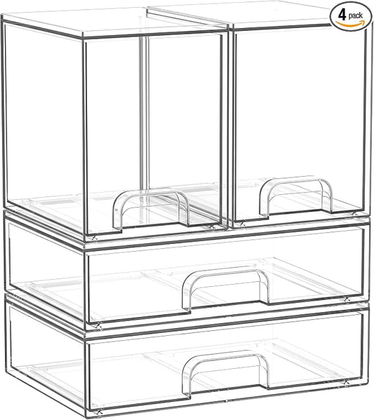 Clear Stackable Storage Drawers: Baby Bottle Storage Organizer, Acrylic Bottles Station Organizer Container for Countertop, Vanity, Bathroom, Cabinet Organization - 4 Pack by Saccik