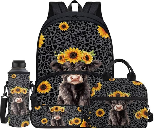 Highland Cow Sunflower Black Leopard School Backpack for Boy Girl Book Bag Waterproof Hiking Backpacks Daypack Knapsack Rucksack Pencil Bags with Zipper Lunch Box Water Bottle Holder by Jndtueit