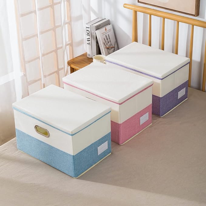 PRANDOM Collapsible Storage Bin with Lid [3-Pack] Fabric Foldable Storage Box Organizer Container Basket Cube with Cover for Home Bedroom Closet Office Nursery Blue&Cream(14.9x9.8x9.8) - Image 7