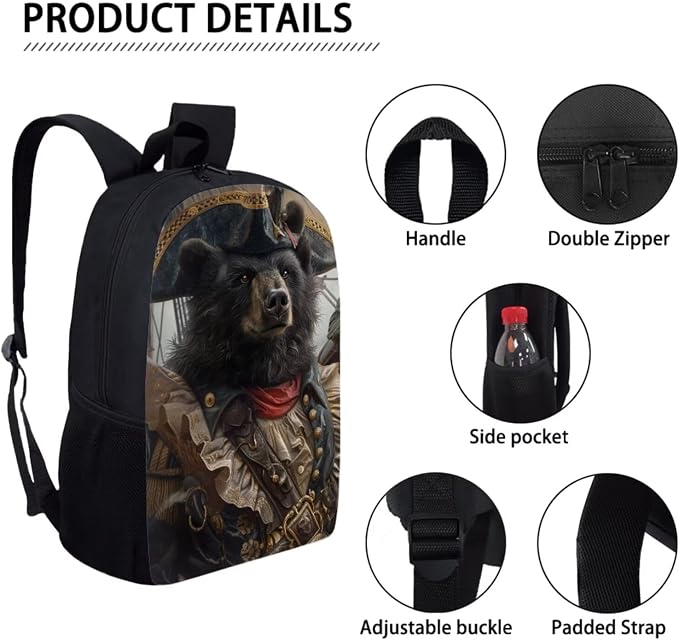 17 Inch Animal Print School Backpack And Lunch Box Set for Kids Lightweight Pirate Black Bear Backpack for Boys Girls Sturdy School Bag with Insulated Lunchbox Pencil Case Student Bookbag - Image 4