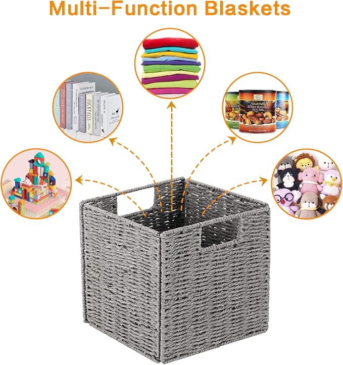 Vagusicc Storage Basket, Set of 2 Hand-Woven Paper Rope Wicker Baskets for Storage, Foldable Cube Storage Bins Organizer, 9 inch Medium Wicker Storage Baskets for Shelves Pantry Organizing Decor, Grey - Image 7