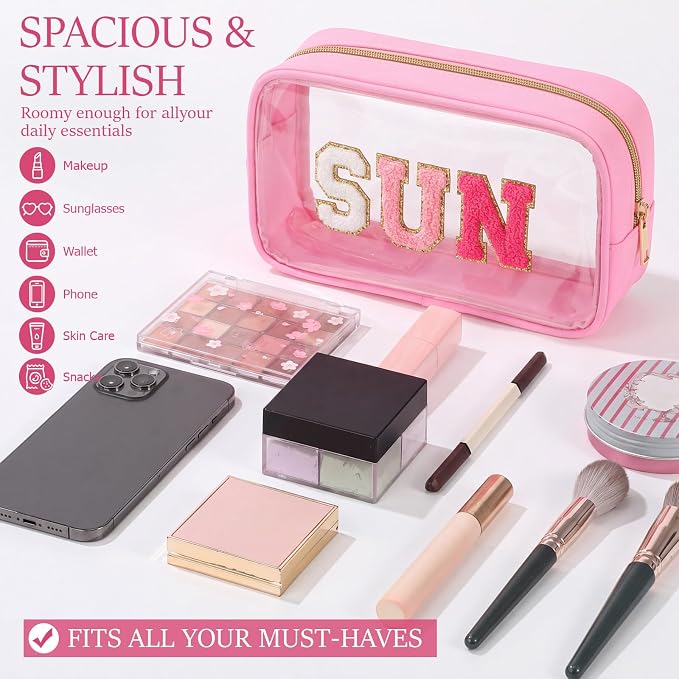 Kacctyen 10 Pcs Sun Clear Makeup Bags with Zipper in 5 Assorted Colors, Chenille Letter Sunscreen Bags Bulk, Clear Waterproof Cosmetic Bag for Women Beach Pool Trip & Summer Birthday Party Favors - Image 3