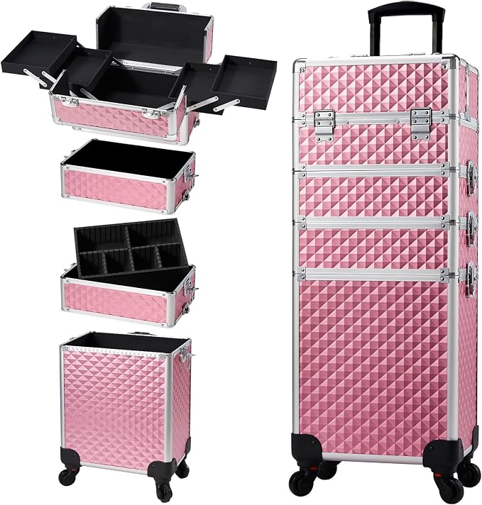 Stagiant Rolling Makeup Train Case Cosmetology Case on Wheels 4 in 1 Large Cosmetic Organizer Box Makeup Travel Case with Key Swivel Wheels Nail Artist Salon Storage Traveling Cart Big Trunk Pink by Stagiant