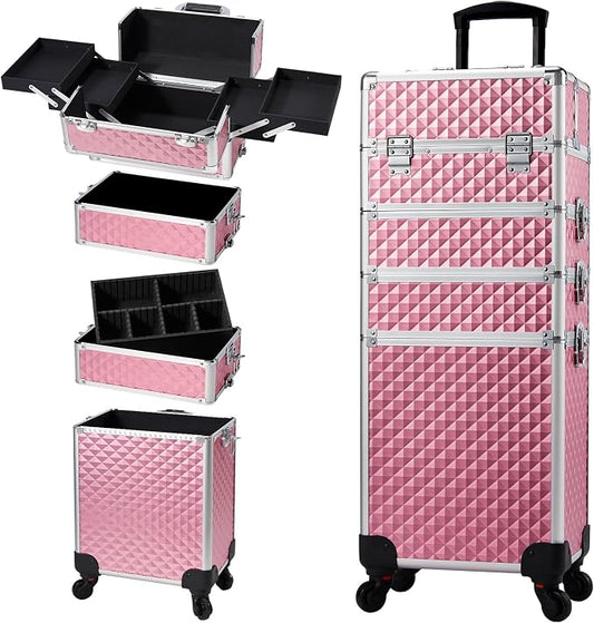 Stagiant Rolling Makeup Train Case Cosmetology Case on Wheels 4 in 1 Large Cosmetic Organizer Box Makeup Travel Case with Key Swivel Wheels Nail Artist Salon Storage Traveling Cart Big Trunk Pink by Stagiant