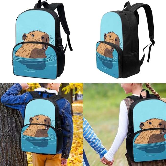 Capybara School Backpack with Lunchbox, 3-in-1, Boys Backpack 6-8 Kids Elementary School Bag Lunch Bag Cute 1st Grade Bookbag Lunch Box Set 17 Inch Large Capacity Bookbags - Image 3
