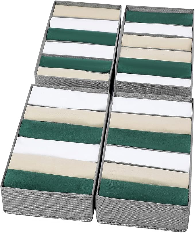 4 Packs T-shirt Drawer Organizers for Clothing,6 Grids Compartment Wardrobe Storage Box, Washable Clothes Organizer for Folded Clothes, T-shirt, Legging, Silk Scarve by Coorganisers