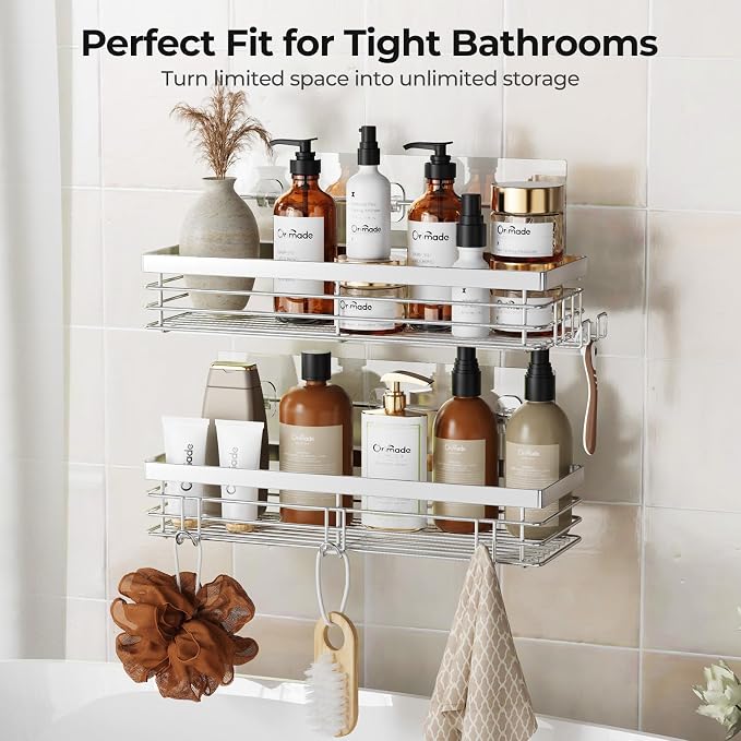Orimade Shower Caddy with 5 Hooks Organizer for Hanging Razor and Sponge Bathroom Basket Adhesive Shower Shelf Storage Kitchen Rack Wall Mounted No Drilling Rustproof Stainless Steel - 2 Pack - Image 9