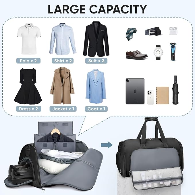BALEINE Travel Garment Bag, Travel Suit Bag for Men, Water Resistant Carry on Garment Bag for Hanging Clothes, Garment Duffel Bag for Travel Business (Pure Black-Convertible) - Image 5