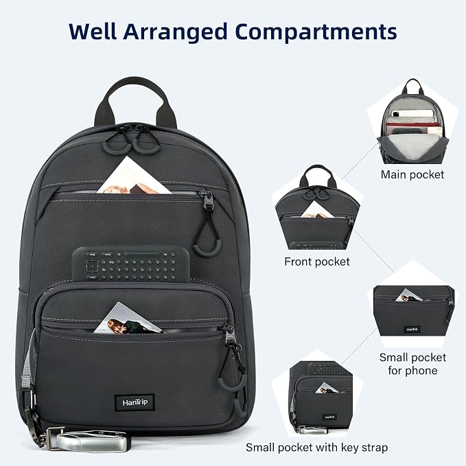 HanTrip Carry On Travel Backpack For Men Women, 13 Inch Small Mini Work Bag Personal Item Backpacks, Camping Back Pack Lightweight Hiking Daypack For Office Nurse Commuter (Dark Gray) - Image 3