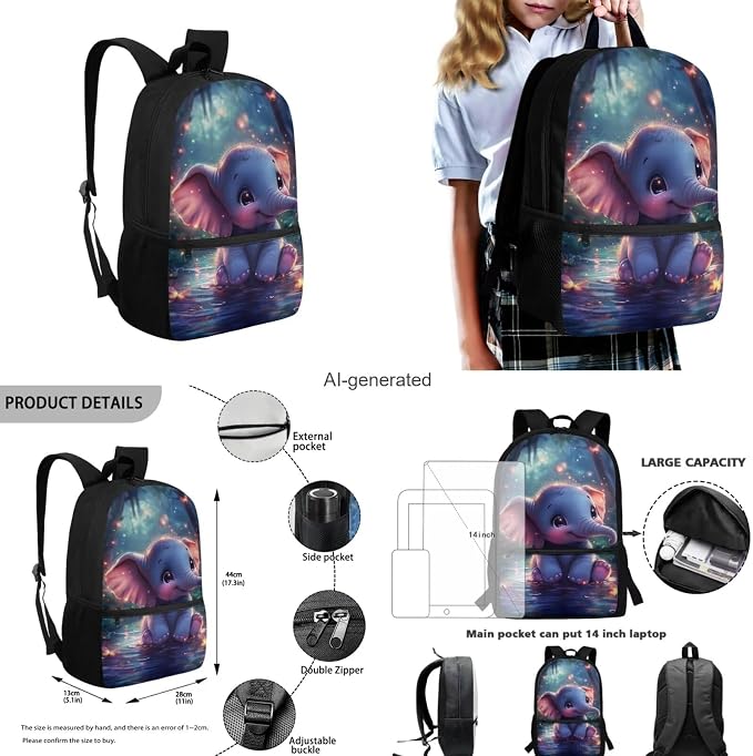 Cute Elephant Backpack for Kids Girls Backpack with Lunch Box Water Bottle Holder with Strap and Soft Pencil Case 4PCS Set Elementary Bookbag with Front Pocket 17 inch Sturdy School Bag - Image 3