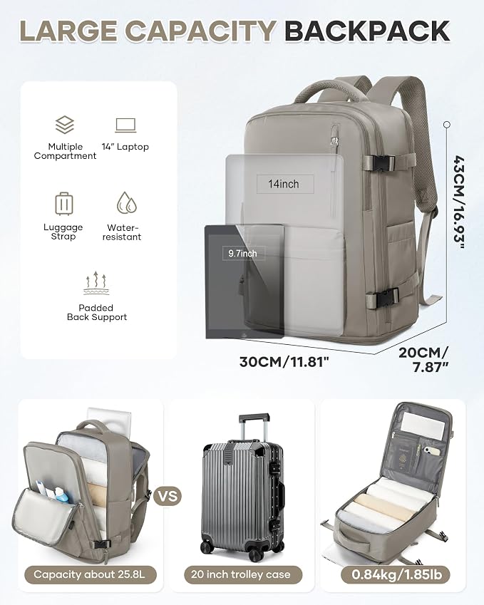 WONHOX Carry on Travel Laptop Backpack for Women Men Flight Approved,Backpack for Women Travel Bag Hiking Outdoor Sports Rucksack Casual Daypack, Grey Brown - Image 4