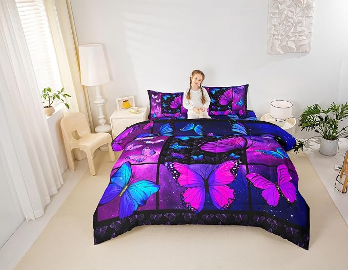 Erosebridal Butterfly Comforter Set Starry Sky Galaxy Comforter Blue Purple Butterfly Bedding Sets King for Kids Girls Teens Women Bed,Aesthetics Butterflies Quilt Duvet Set 2 Pillow Cases Room Decor - Image 3