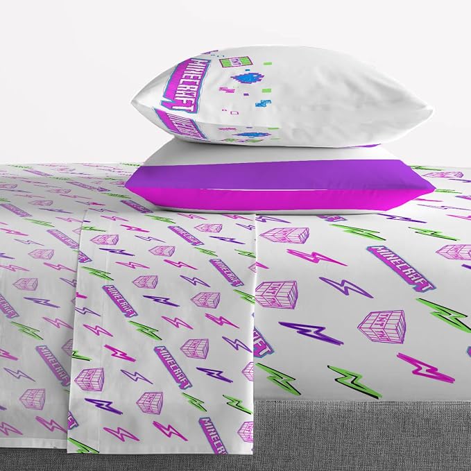 Jay Franco Kids Sheet Set with Fitted, Flat Sheets & Pillow Cover - Ultra-Soft Bedding with Pillowcase for Room Decor, Purple - Minecraft, 4 Piece Full - Image 6