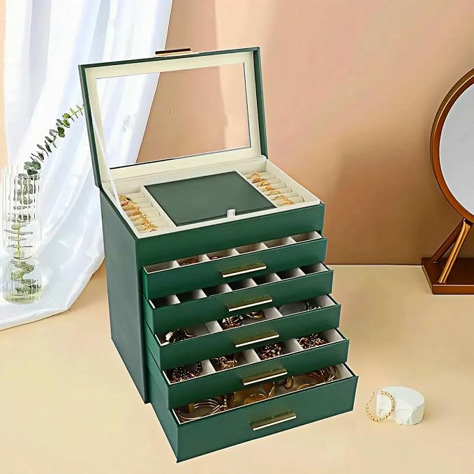 BOOVO Jewelry Box for Women, Green 6 Layer Large Jewelry Organizer with Glass Lid for Necklace, Bracelet, Earrings Storage, Jewelry Organizers and Storage for Girls Gift (Green and Gold, 6 layer) - Image 6