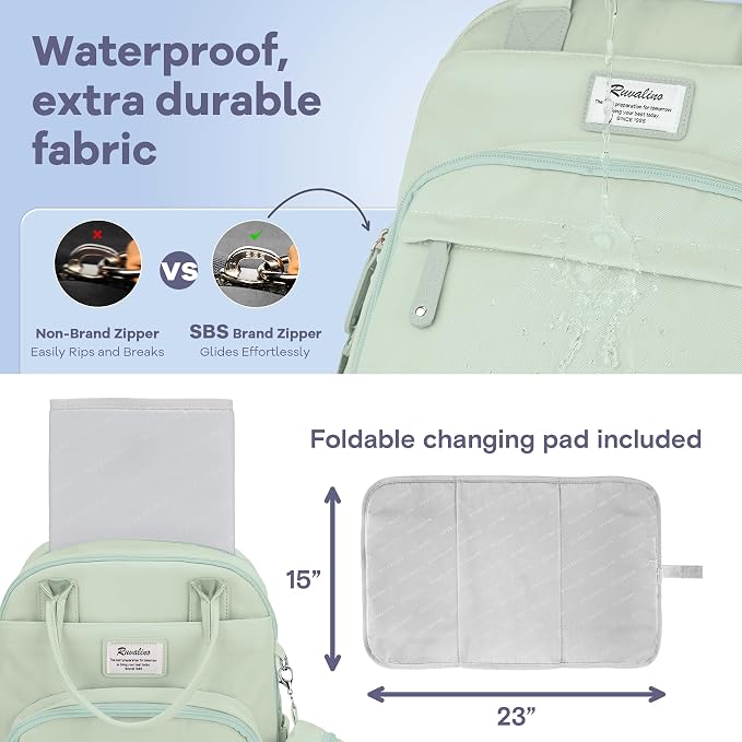 RUVALINO Diaper Bag Backpack-Multifunction Baby Travel Bag with Changing pad, Insulated Bottle Holders & Pacifier Case, Large Capacity, Waterproof, Mint Green - Image 6