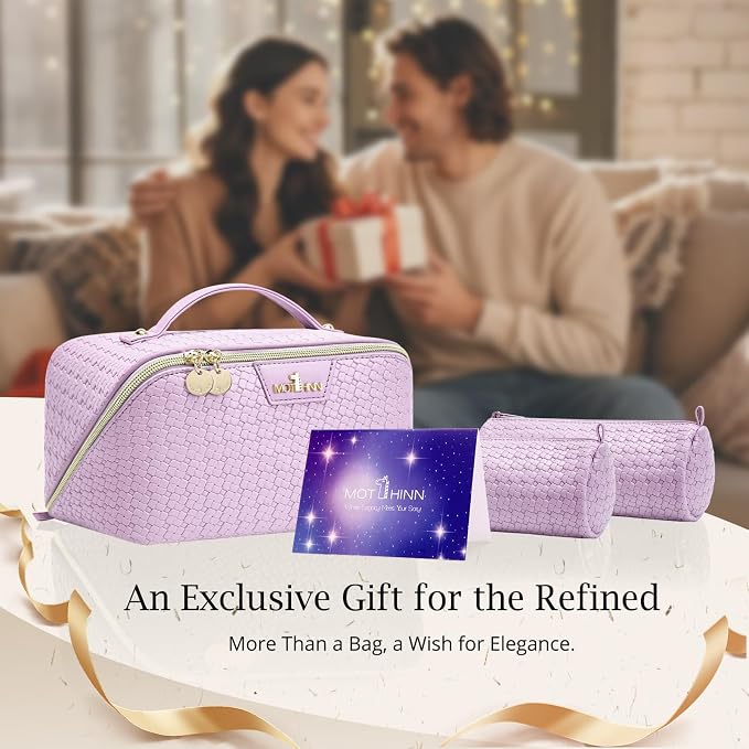 Travel Makeup Bag for Women: Designer 3 Pcs Set Cosmetic Bags for Women - Large Capacity Vagen Leather Hand-made for Toiletry Organizer - Ladies Travel Flat Open Essentials for Luxury (06Purple) - Image 8