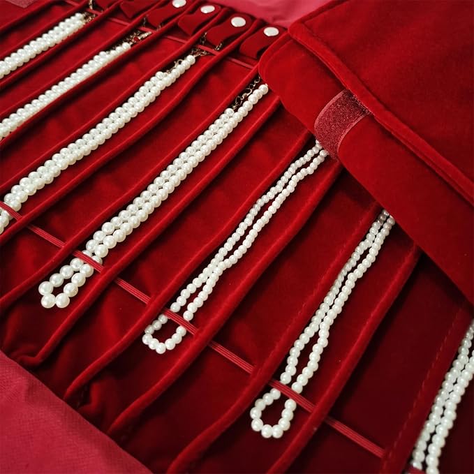 Travel Necklace Organizer, Tangle Free Jewelry Case, 16 Slots | Foldable,LightWeight Compact, Velvet Lining Jewelry Storage Bag for Chain Bracelet, Gift for Women Girls,Burgundy - Image 7