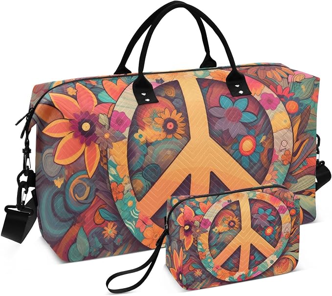 Duffel Bag Set with Toiletry Bag for Travel Gym Sport, Luggage Sleeve Weekender Bag Carry on Overnight Bag-Hippie Peace Print by WOIWB