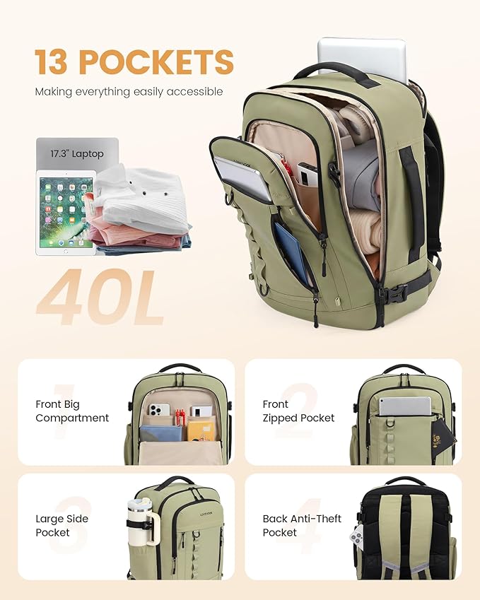 LOVEVOOK 40L Travel Backpack for Men Women, Waterproof Carry On Backpack for Work & Travel, Flight Approved Personal Item with 3 Packing Cubes, TSA Bag Fits 17.3" Laptop,Greyish green - Image 3