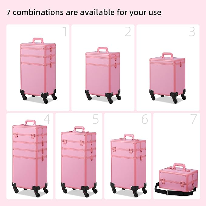 Somduy Makeup Train Case, Rolling Makeup Case with Lid, 5 in 1 Cosmetology Case on Wheels, Christmas Gift, Large Makeup Case Organizers, Profesional Cosmetic Case for Salon Barber, Pink - Image 3