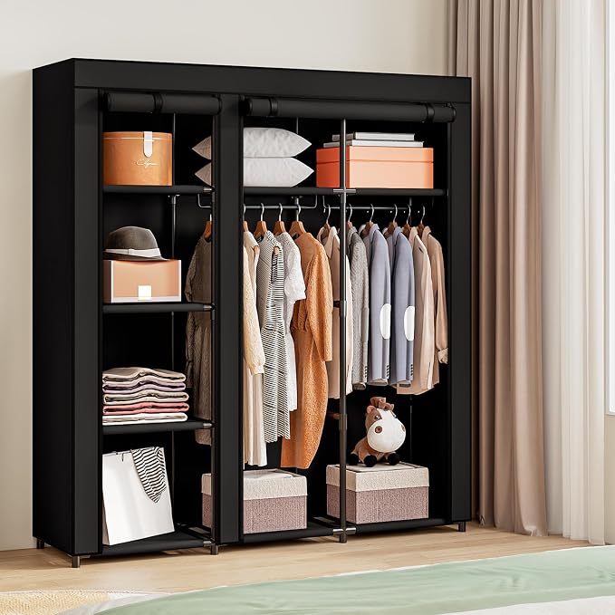SORCEDAS Portable Wardrobe Closet Storage Organizer Metal Hanging Rack Non-Woven Fabric (Black, 51 Inch) - Image 2