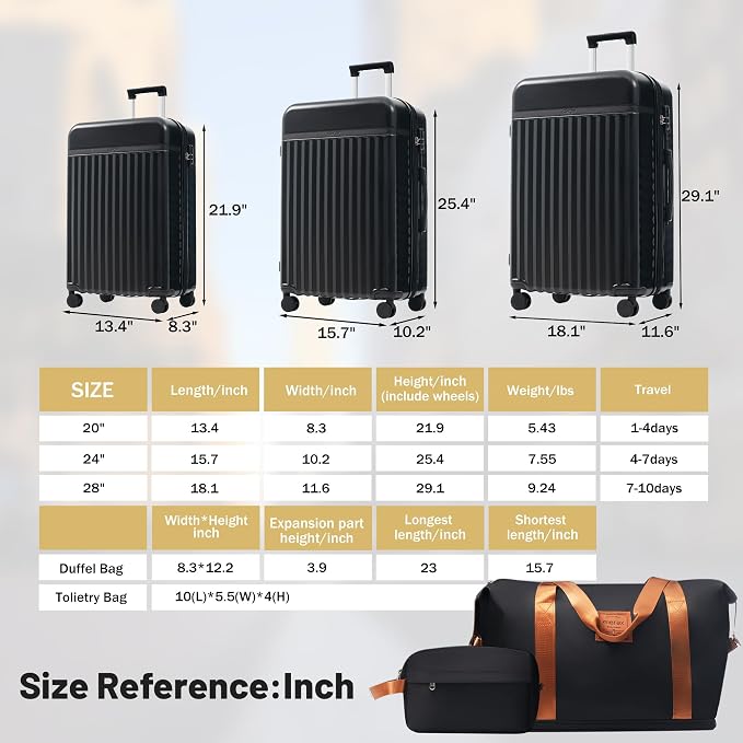 Merax Luggage Sets, Durable Hardshell 3 Piece Suitcase with Bags | Lightweight Carry on Luggage with Double Spinner Wheels and TSA Lock,20+24+28 inches,Black - Image 2