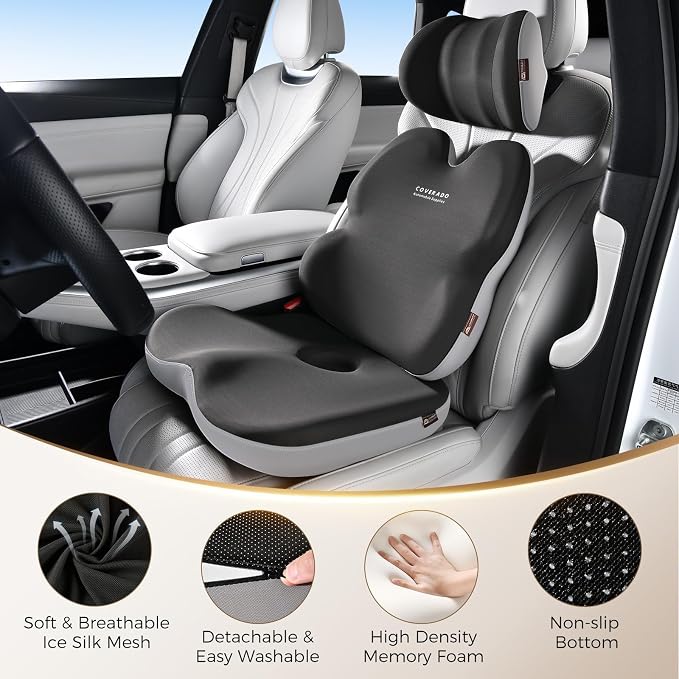 Coverado Seat Cushions Neck Pillow Lumbar Support Pillow for Car, Memory Foam Office Chair Back Support Orthopedic Coccyx Cushion with Non-Slip Bottom Neck Butt Back Pillow for Chair Truck Gray&Black - Image 7
