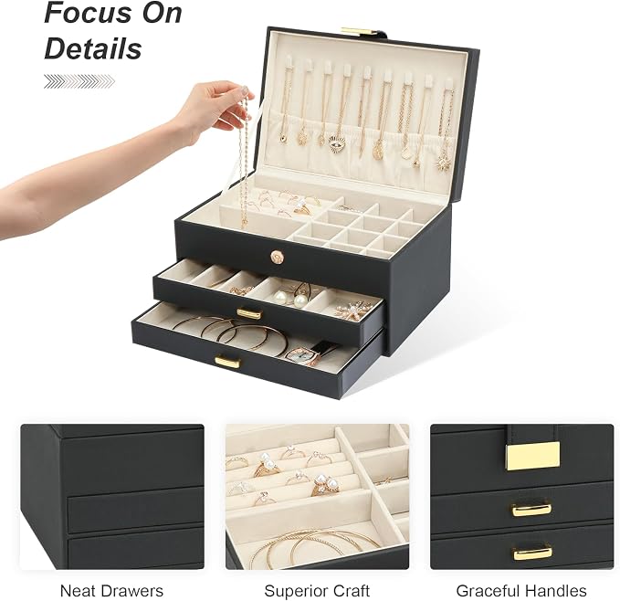 Jewelry Boxes for Women, Jewelry Holder Organizer for Christmas Gift, Jewelry Boxes & Organizers for Rings Earring Necklace Bracelet Watch, Black - Image 4