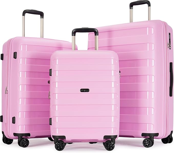 GinzaTravel PP material 3-piece expandable luggage sets with Spinner Wheels， Suitcase with TSA Lock，Large Luggage for Family Travel carry on 20/24/28，Light pink color by GinzaTravel