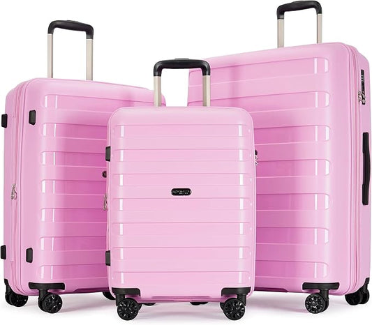 GinzaTravel PP material 3-piece expandable luggage sets with Spinner Wheels， Suitcase with TSA Lock，Large Luggage for Family Travel carry on 20/24/28，Light pink color by GinzaTravel
