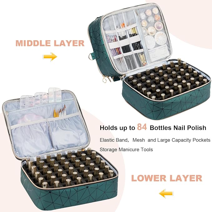 Uross Nail Polish Organizer Bag Holds 84 Bottles Nail Polish & Nail Lamp,Large Gel Nail Polish Organizers and Storage box for Nail Tech, Nail Kit Supplies Organizer Case-Darkgreen - Image 3