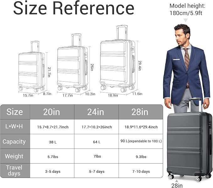 Kono 28 Inch Luggage Expandable Suitcase with Spinner Wheels TSA Lock | Lightweight PC+ABS Hardside Large Checked Luggage Durable Rolling Suitcase Grey - Image 6