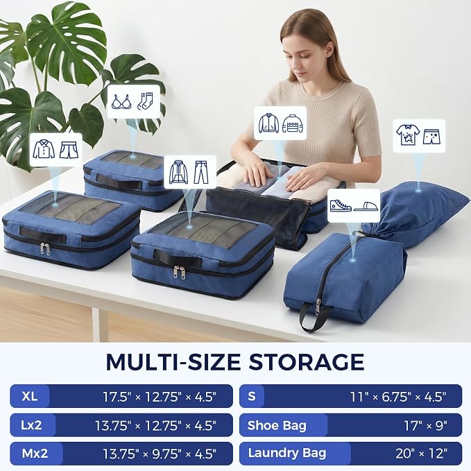 BAGAIL 8 Set Compression Packing Cubes, Durable & Wear-resistant Expandable Luggage Organizer Bags for Travel Accessories(Navy) - Image 4