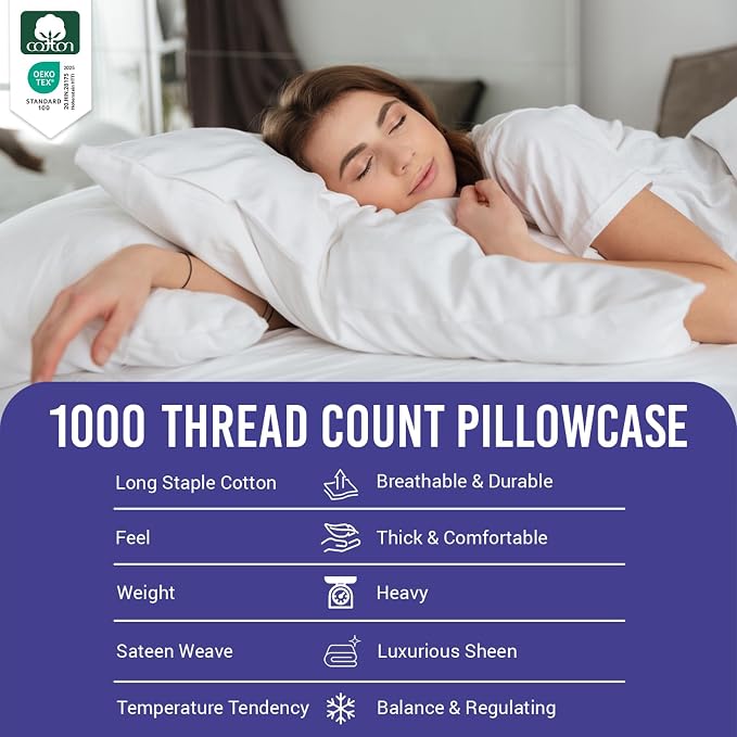 Pizuna Pure 100% Luxury Cotton King Size Pillow Case White, 1000 Thread Count 100% Long Staple Cotton Sateen Pillowcase, Pillow Covers with Stylish 4" Hem (Combed Cotton King Pillowcase) - Image 4