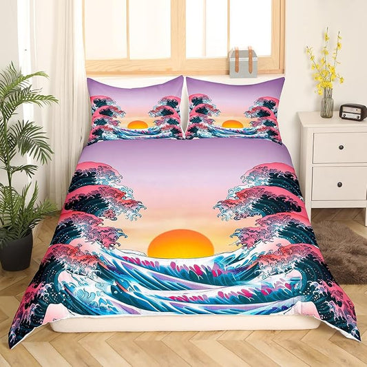 Japanese Style Duvet Cover Twin Japanese Wave Pattern Bedding Set with Zipper Ties Surf Water Abstract Sunset Pattern Comforter Cover Set for Adult Women Girls Teen Soft Microfiber Comforter Cover by Erosebridal