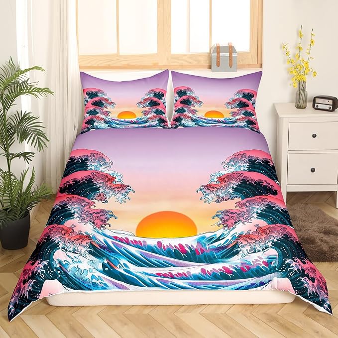 Japanese Style Duvet Cover Twin Japanese Wave Pattern Bedding Set with Zipper Ties Surf Water Abstract Sunset Pattern Comforter Cover Set for Adult Women Girls Teen Soft Microfiber Comforter Cover by Erosebridal