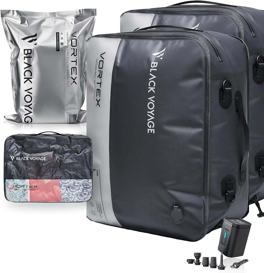 Black Voyage Reusable Vacuum Compression Travel Bag for Carry-On Suitcase and Backpack, Recycled IPX8 Waterproof Space Saver Vacpack (2-Pack, 41L - Pump Included) by BlackVoyage