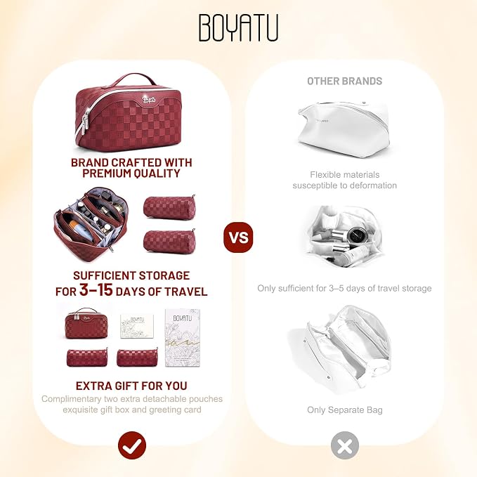 BOYATU Travel Makeup Bag Organizer: 3 Pcs Set Large Capacity Cosmetic Bags Holds 10–20 100ml Full-Size Bottles - 180°Open-Flat Make up Case 3-sec touch-up - Toiletry Bag Gift women (03-A-Red) - Image 2