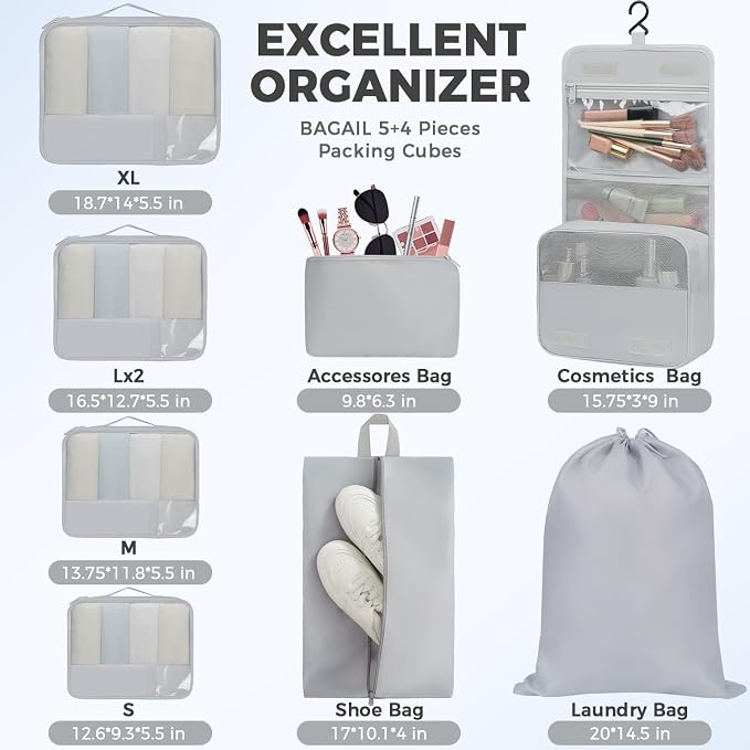 BAGAIL 9 Set Packing Cubes with Packing List Luggage Packing Organizers for Travel Accessories (Light Grey) - Image 5