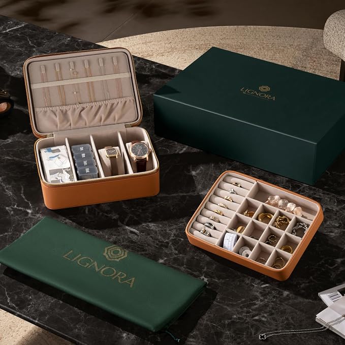 Jewelry Box for Travel – Premium Leather Jewelry Box for Women & Men with Gold-Tone Zipper Hardware, Multi-Compartment Jewelry Organizer, (Brown) - Image 5
